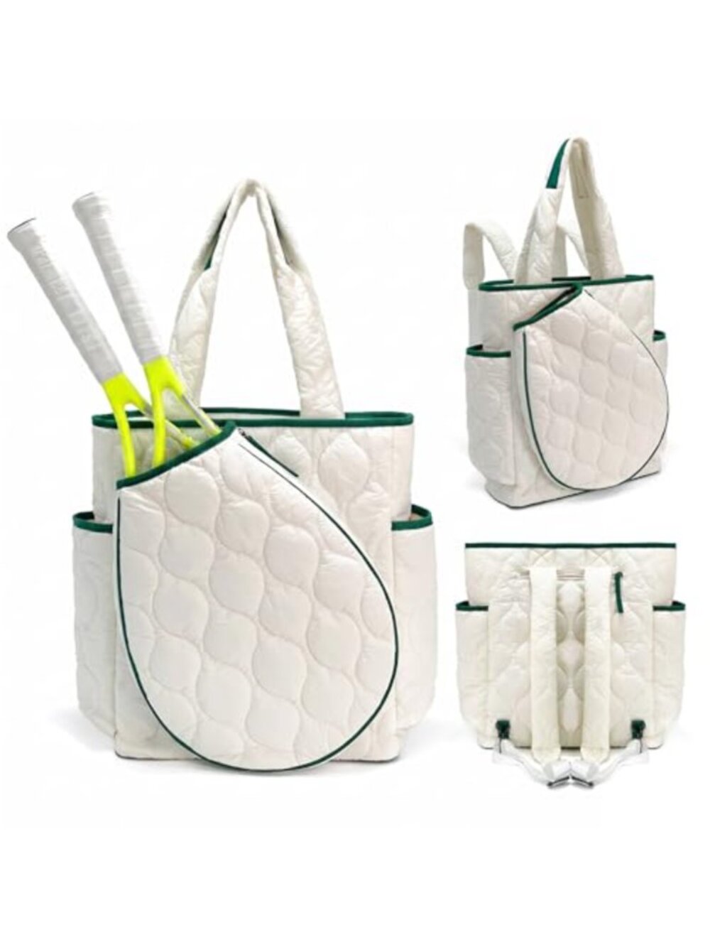 Quilted Tennis Tote Bag Water-Resistant Nylon Pickleball Backpack for 2 Paddles